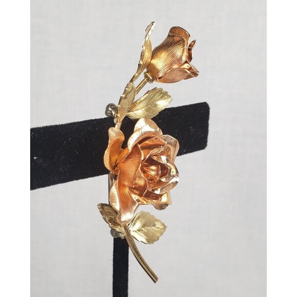 Vtg 1940's Krementz Signed Two Tone Gold Filled Rose Roses Brooch Pin 2.25" long - Picture 3 of 15